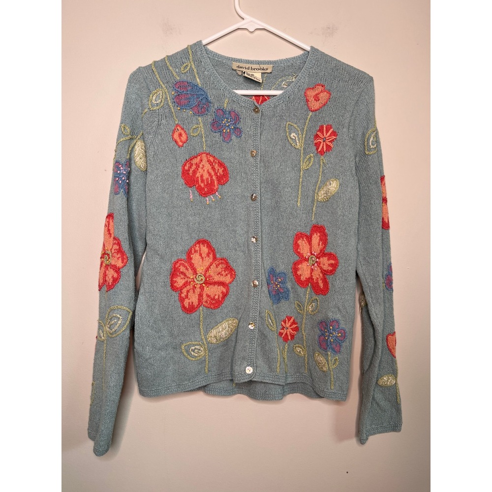 1990s David Brooks Linen Cotton Silk Pastel Floral Cottage Coquette Cardigan M